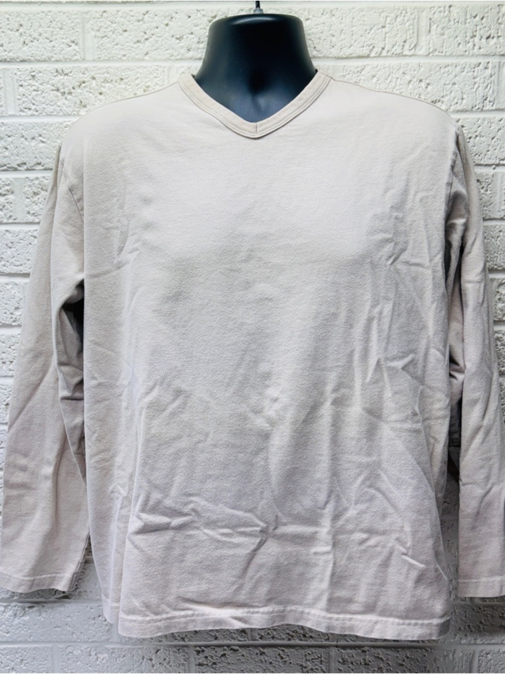 VTG‼ Y2K 2000s OLD NAVY L Solid Biege 100% Cotton V-Neck Long Sleeve Shirt • VG‼